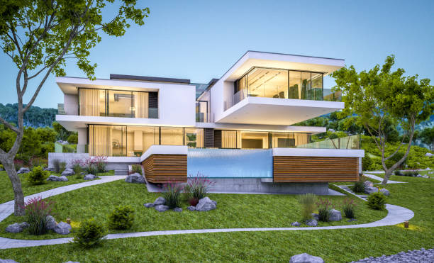 istock 3d rendering of modern cozy house by the river at evening 990265448