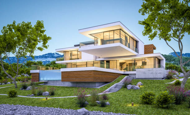 istock 3d rendering of modern cozy house by the river at evening 990265456