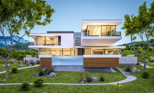 istock 3d rendering of modern cozy house by the river at evening 990265550