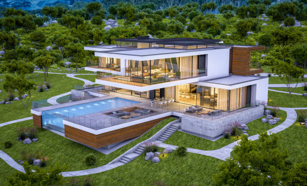 istock 3d rendering of modern cozy house by the river at evening 990265612