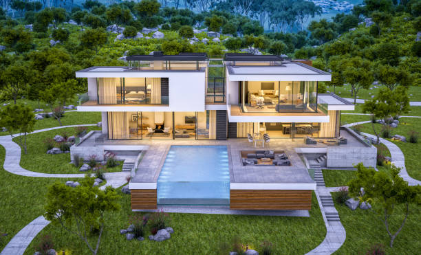 istock 3d rendering of modern cozy house by the river at evening 990267162