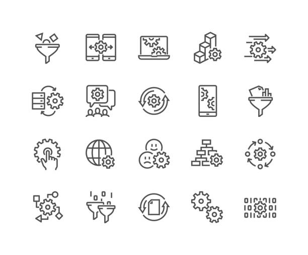 ilustraciones, imágenes clip art, dibujos animados e iconos de stock de iconos de procesamiento de datos de línea - evolucionar