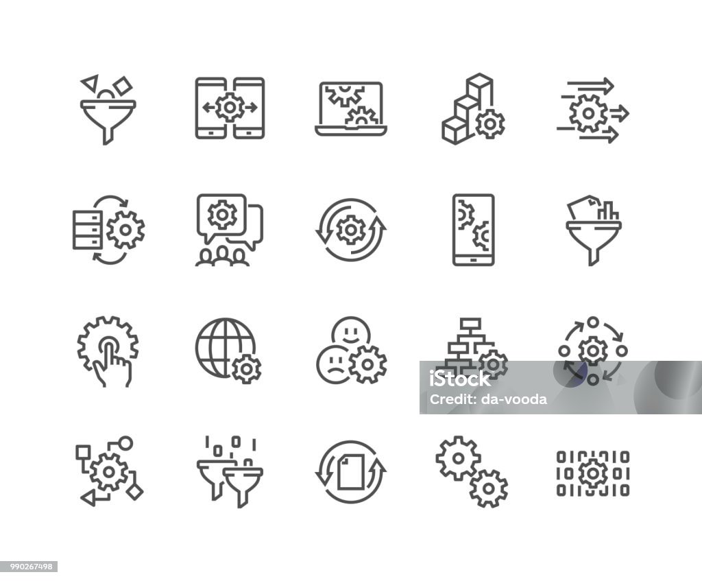 Line Data Processing Icons Simple Set of Data Processing Related Vector Line Icons. Contains such Icons as Filter, Gear, Scheme and more. Editable Stroke. 48x48 Pixel Perfect. Icon Symbol stock vector