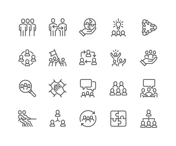 linie-team-arbeit-symbole - organisierte gruppe stock-grafiken, -clipart, -cartoons und -symbole