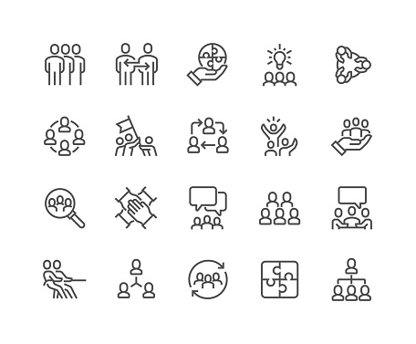 Simple Set of Team Work Related Vector Line Icons. Contains such Icons as Collaboration, Research, Meeting and more. Editable Stroke. 48x48 Pixel Perfect.