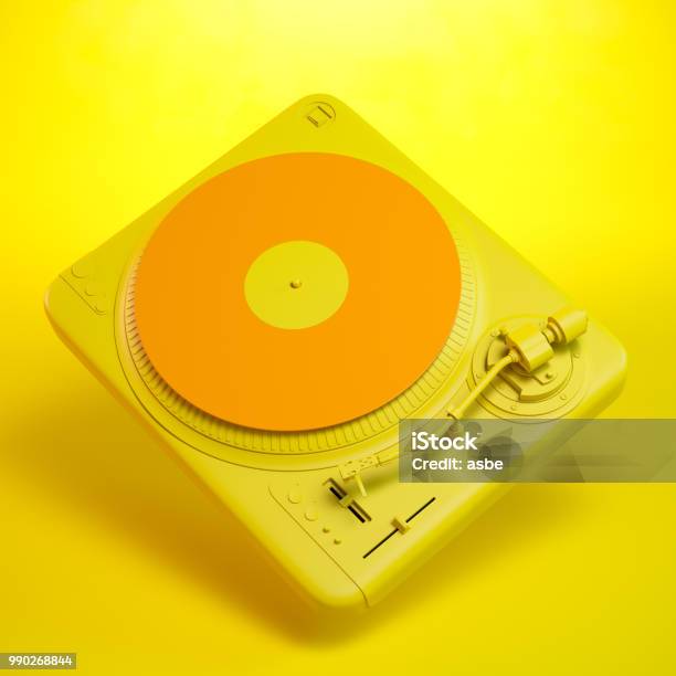 Turntable Over Colorful Orange Background Stock Photo - Download Image Now - Turntable, Three Dimensional, DJ