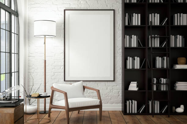 leere rahmen an wohnzimmer wand mit bibliothek - bücherregal fotos stock-fotos und bilder