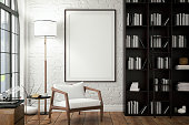 Empty Frame on Living Rooms Wall with Library