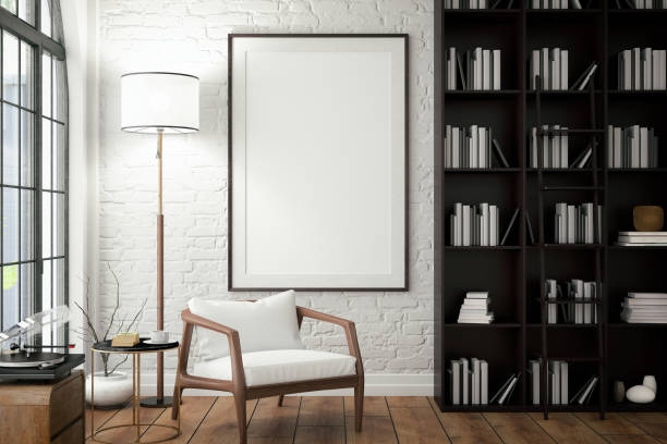 Empty Frame on Living Rooms Wall with Library Vertical picture frame in living room lounge chair photos stock pictures, royalty-free photos & images