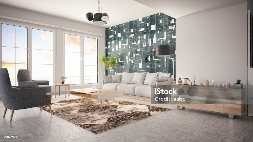 Moderna Sala De Estar Con Sofá Y Fondos De Pantalla Foto de stock y más banco de imágenes de Cuarto de estar - iStock Moderna Sala De Estar Con Sofá Y Fondos De Pantalla Foto de stock y más banco de imágenes de Cuarto de estar - iStock