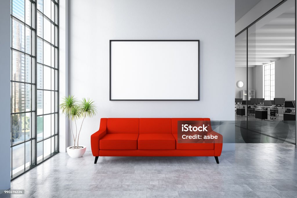 Wartezimmer mit leeren Rahmen und rotes Sofa - Lizenzfrei Büro Stock-Foto
