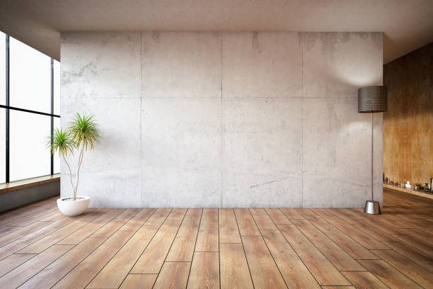 Empty Concrete Wall Empty abstract concrete room wall. 3D Render domestic room stock pictures, royalty-free photos & images