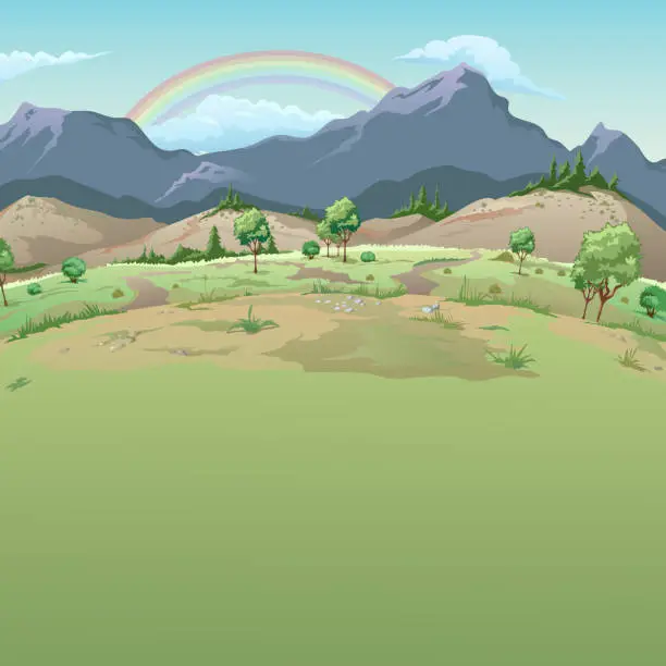 Vector illustration of Rainbow in the mountains. The sample cards on good weather with space for your text. Vector illustration