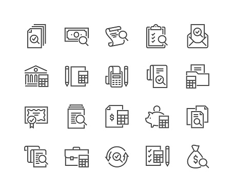 Simple Set of Accounting Related Vector Line Icons. Contains such Icons as Finance Report, Portfolio, Calculation and more. Editable Stroke. 48x48 Pixel Perfect.