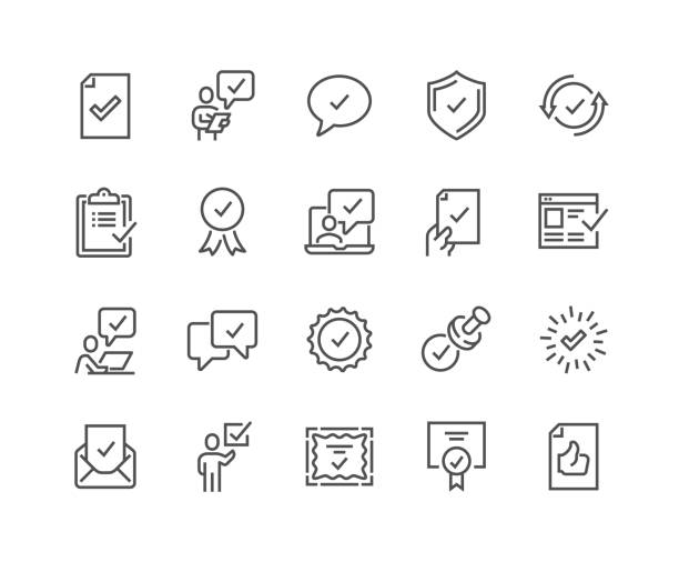 Line Approve Icons Simple Set of Approve Related Vector Line Icons. Contains such Icons as Inspector, Stamp, Check List and more. Editable Stroke. 48x48 Pixel Perfect. law designs stock illustrations