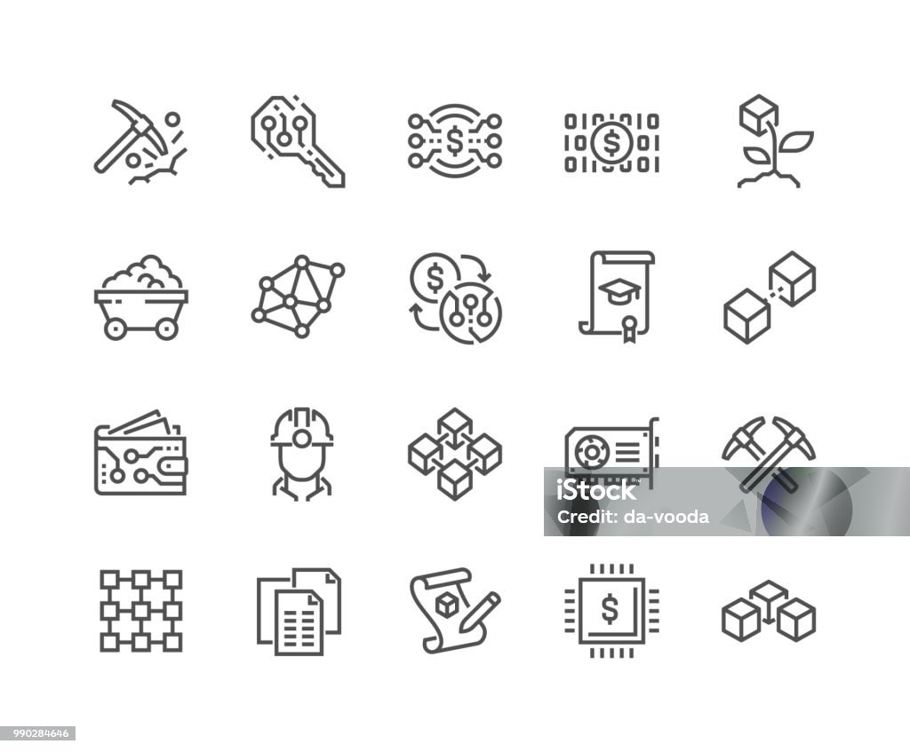 Line Blockchain Icons Simple Set of Blockchain Related Vector Line Icons. Contains such Icons as Mining, Smart Contract, Electronic Key and more. Editable Stroke. 48x48 Pixel Perfect. Icon Symbol stock vector