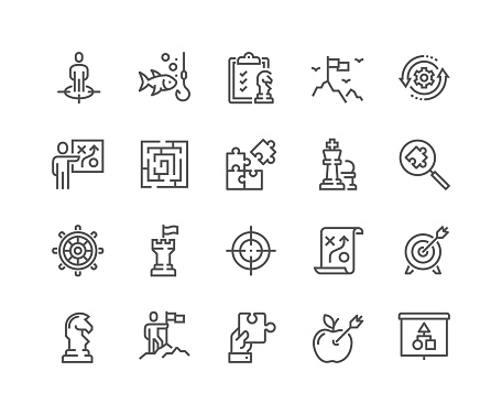 Simple Set of Business Strategy Related Vector Line Icons. Contains such Icons as Target Audience, Research, Plan, Scheme and more. Editable Stroke. 48x48 Pixel Perfect.