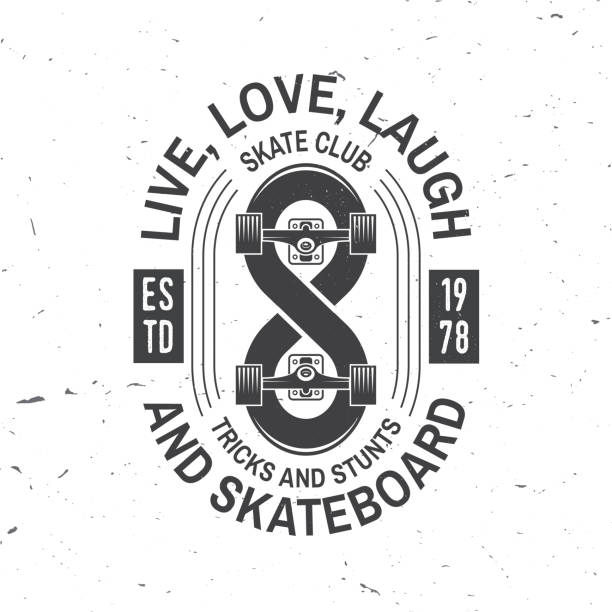 Skateboard club badge. Vector illustration Skateboard club badge. Vector illustration. Extreme sport. For skate club emblems, signs and t-shirt design. Retro typography design with infinity sign and text-Llive, love, laugh and skateboard skateboard tattoo stock illustrations