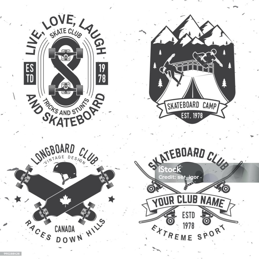 Set of Skateboard and longboard club badges. Vector illustration Set of Skateboard and longboard club badges. Vector illustration. For skate club emblems, signs and t-shirt design. Vintage typography design with skateboards, skate truck and helmet. Extreme sport. Animal stock vector