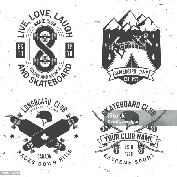 Set Of Skateboard And Longboard Club Badges Vector Illustration Stock Illustration - Download Image Now