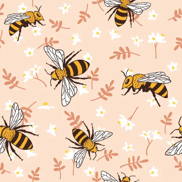 Vector illustration of Vector seamless pattern with bees, leaves and flowers. Black and yellow texture