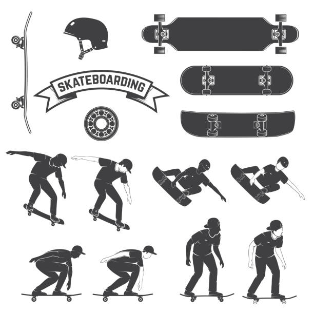 ilustrações, clipart, desenhos animados e ícones de conjunto de ícone de skate e skatistas. ilustração vetorial - ollie