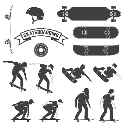 Set of skateboard and skateboarders icon. Vector illustration. For skate club emblems, signs and t-shirt design. Skateboarding equipment silhouette isolated on the white background.