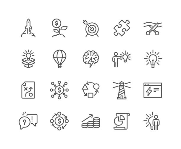 Line Startup Icons Simple Set of Startup Related Vector Line Icons. Contains such Icons as Goal, Out of the Box Idea, Launch Project and more. Editable Stroke. 48x48 Pixel Perfect. takeoff stock illustrations