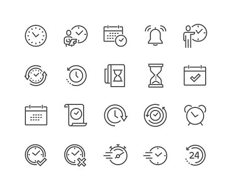 Simple Set of Time Related Vector Line Icons. Contains such Icons as Time Inspection, Log, Calendar and more. Editable Stroke. 48x48 Pixel Perfect.