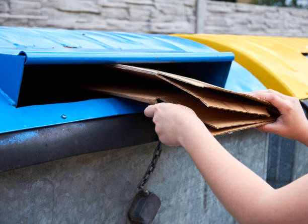 Young woman throwing carton packaging into container for sorted waste