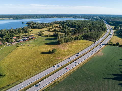Aerial view over highway in Sweden