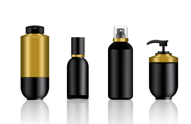 istock Mock up Realistic Black and Gold Cosmetic Soap, Shampoo and Spray Luxury Bottles Set Background Illustration 990342728