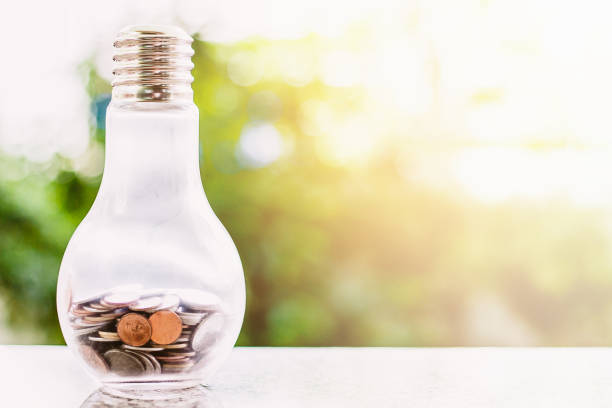 istock Coins in light bulb bottle shape against blurred natural green background and copy space for investment, business, finance and saving money concept 990346946