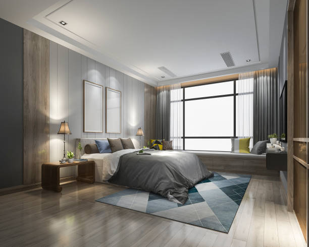 istock 3d rendering luxury modern bedroom suite in hotel with wardrobe 990353978