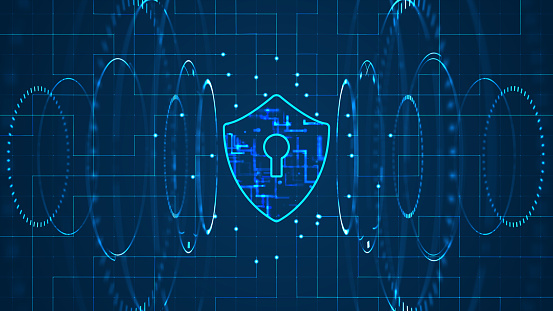 Cyber security concept: Shield With Keyhole icon on digital data background. . Blue abstract hi speed internet technology.