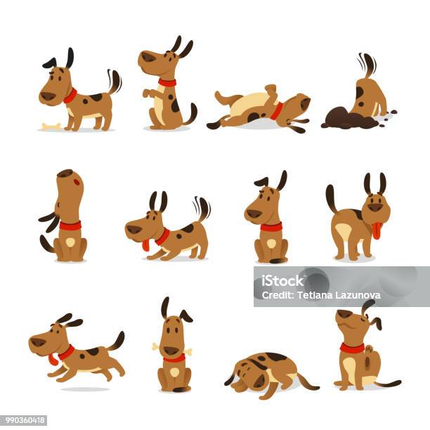 Cartoon Dog Set Dogs Tricks And Action Digging Dirt Eating Pet Food Jumping Sleeping Running And Barking Vector Illustration Stock Illustration - Download Image Now