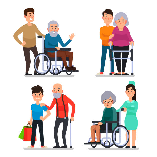 Help old disabled people. Social worker of volunteer community helps elderly citizens on wheelchair, senior with cane vector illustration Help old disabled people. Social worker of volunteer community helps elderly citizens at home and sick character patients on wheelchair, nurse caring senior with cane colorful vector set icon vector love care old stock illustrations