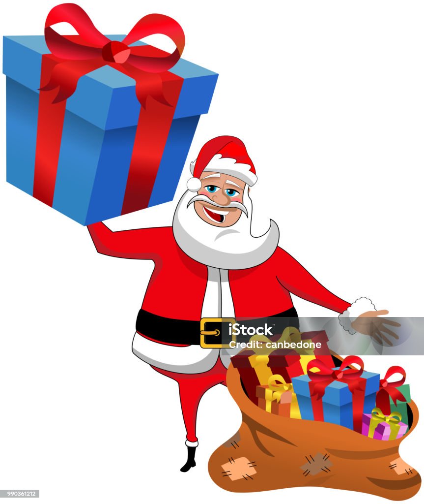 Santa Cartoon Bedrijf Groot Verpakt Cadeau Zak Vol Cadeaus Geïsoleerd Tonen Stockvectorkunst beelden van - iStock