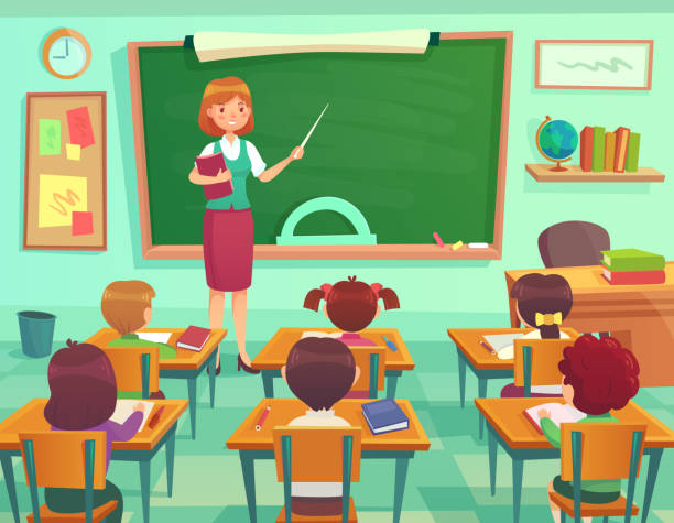 Classroom with kids. Teacher or professor teaches students in elementary school class. Student learn on lessons vector illustration Classroom with kids. Teacher or professor teaches students in first grade elementary school class or little children preschool studying. Student learn on lessons indoor cartoon vector illustration kids classroomv stock illustrations
