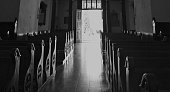 Interior of the church. Benches in the church.