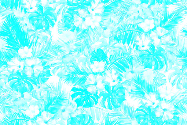 istock Blue tropical floral pattern duotone seamless backgrounds white flowers exotic, palm leaves blue. Watercolor textures paint hands. Blue monochrome floral Blossom flowers. 990391092