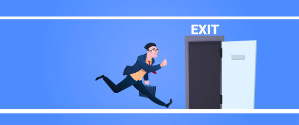 businessman run to open exit door man running from work evacuation sing emergency on blue background flat banner businessman run to open exit door man running from work evacuation sing emergency on blue background flat banner vector illustration priority baggage tag stock illustrations