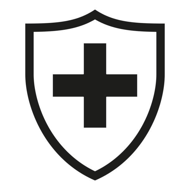 illustrazioni stock, clip art, cartoni animati e icone di tendenza di scudo bianco e nero con croce medica silhouette - weapon shield european culture security