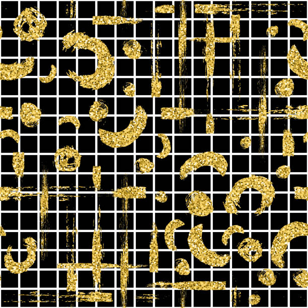 istock Modern seamless pattern with gold glitter brush stripe, blot and plaid. Golden, white color on black background. Hand painted metallic texture. Shiny spark elements. Fashion modern style. Repeat print 990428968