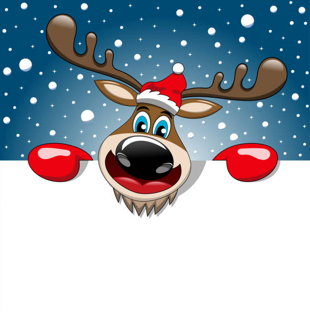 istock Reindeer cartoon behind empty white billboard sign against blue starry snowing sky 990433440