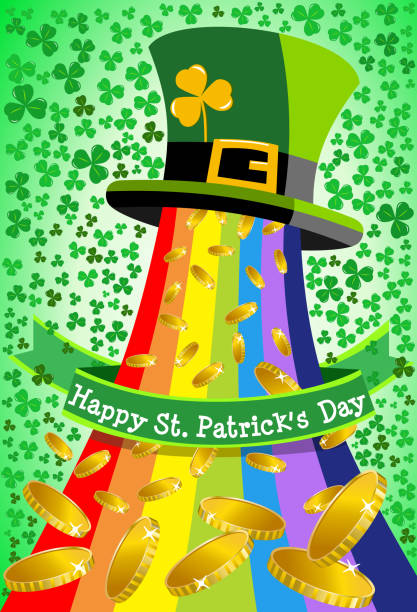 illustrations, cliparts, dessins animés et icônes de chapeau haut de forme lutin d'où arc-en-ciel et pièces d’or sont déversées pour st. patricks ou saint patrick s célébration de la journée - irish culture st patricks day backgrounds clover