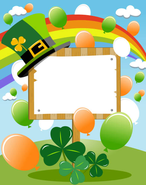 illustrations, cliparts, dessins animés et icônes de signe de planche de bois blanc en plein air avec chapeau saint patricks sur le dessus, arc-en-ciel, ballons et trèfles pour heureux st. patricks ou saint patrick s invitation journée - irish culture st patricks day backgrounds clover