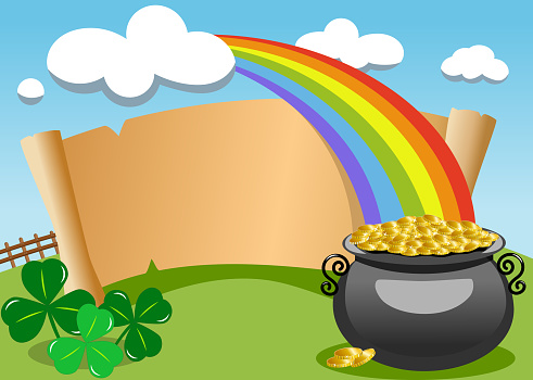 Parchment with Saint Patricks legendary pot of gold at the end of the rainbow for St. Patricks or Saint Patrick s Day invitation card