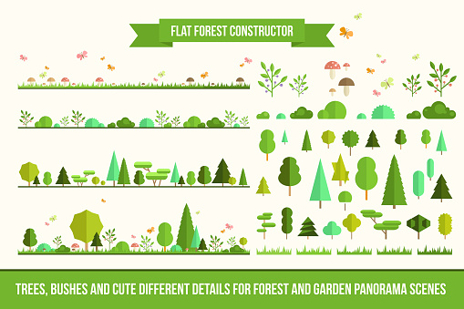 Create your own forest - flat constructor kit. Huge collection of infographic vector elements. Set of trees, bushes, florals and different details for nature landscape panorama scenes, app and game design