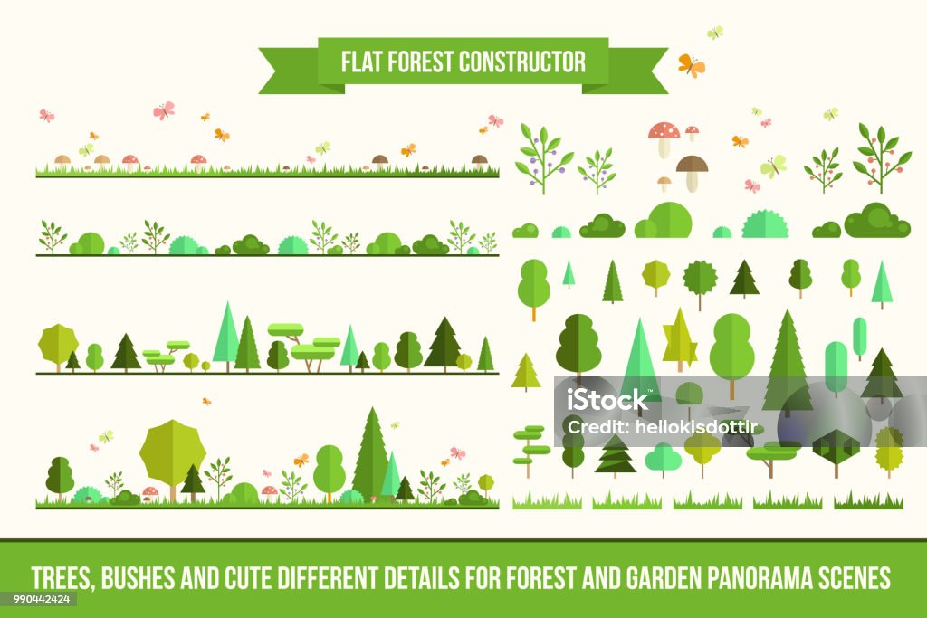 Flat forest constructor Create your own forest - flat constructor kit. Huge collection of infographic vector elements. Set of trees, bushes, florals and different details for nature landscape panorama scenes, app and game design Tree stock vector